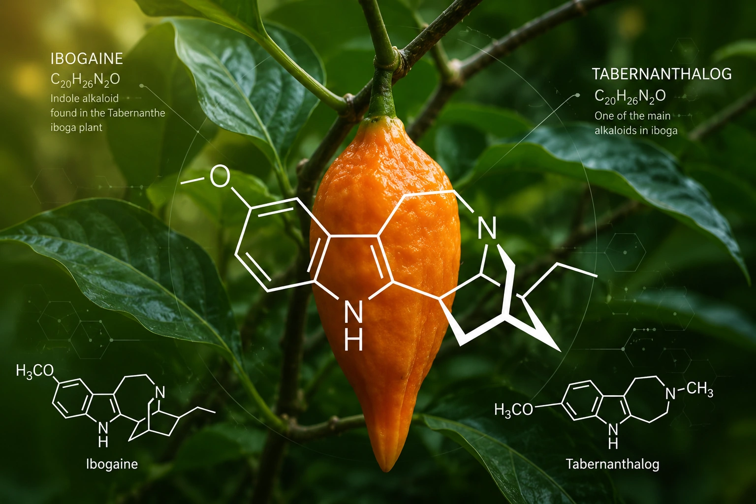 Scientific illustration of alkaloid structures associated with Iboga
